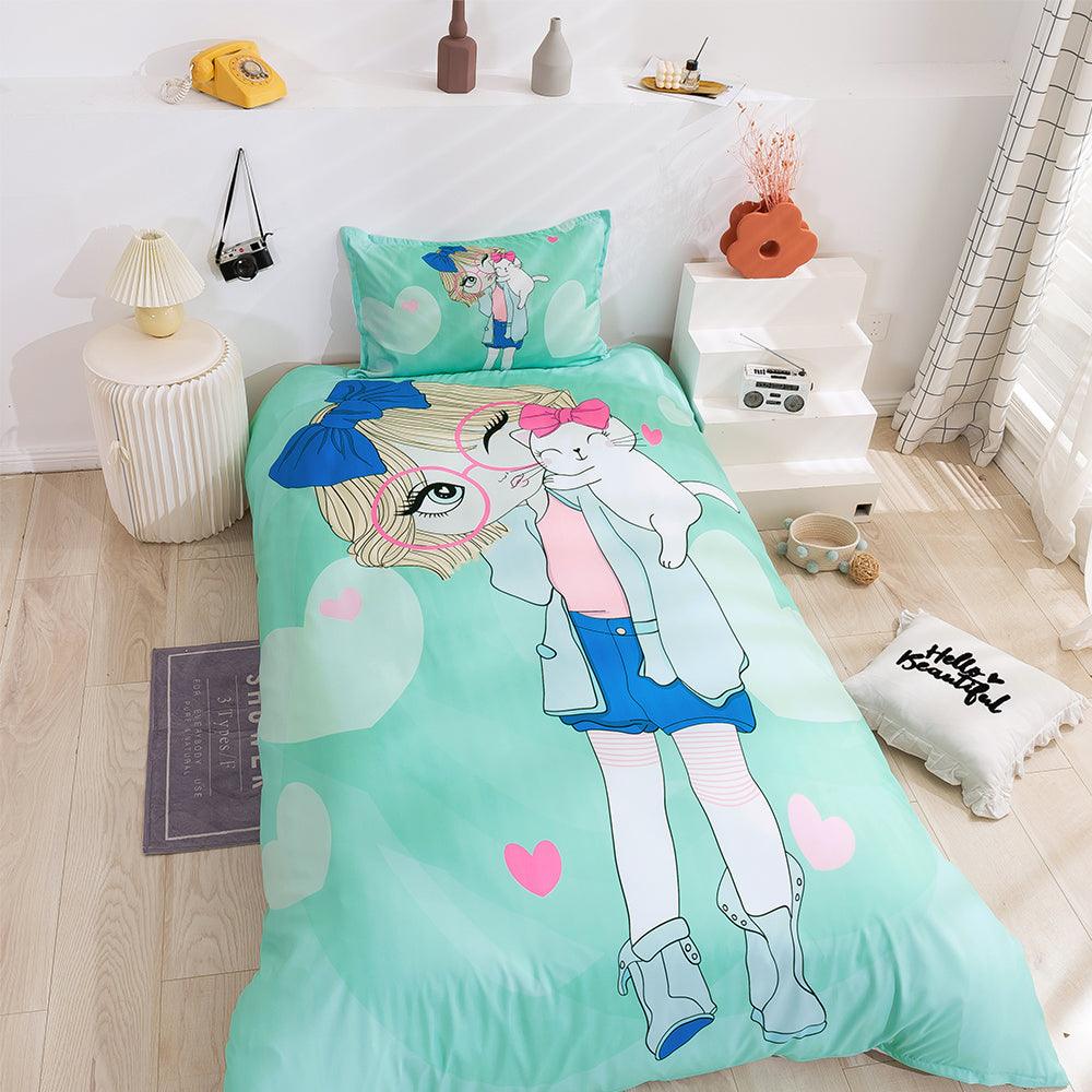 3D Cartoon Girl Cat Green Quilt Cover Set Bedding Set Duvet Cover Pillowcases 88