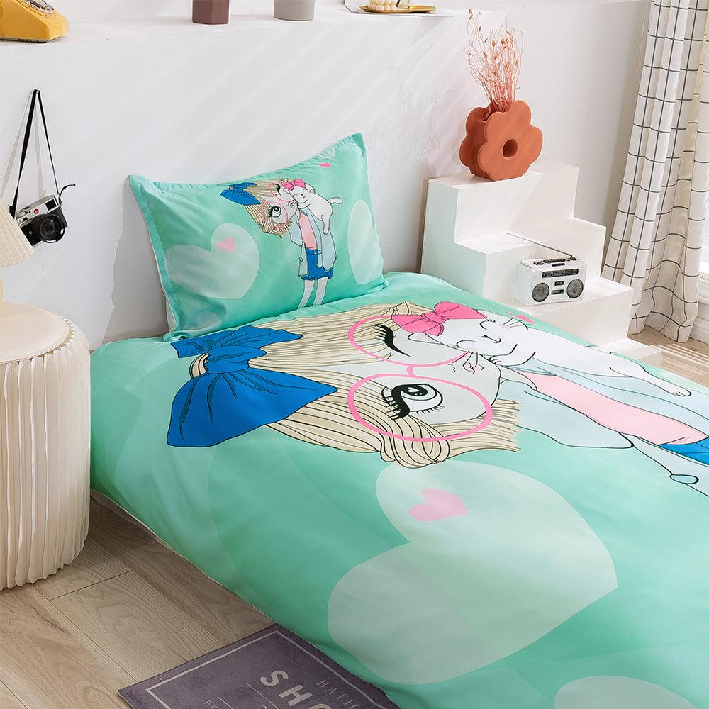 3D Cartoon Girl Cat Green Quilt Cover Set Bedding Set Duvet Cover Pillowcases 88