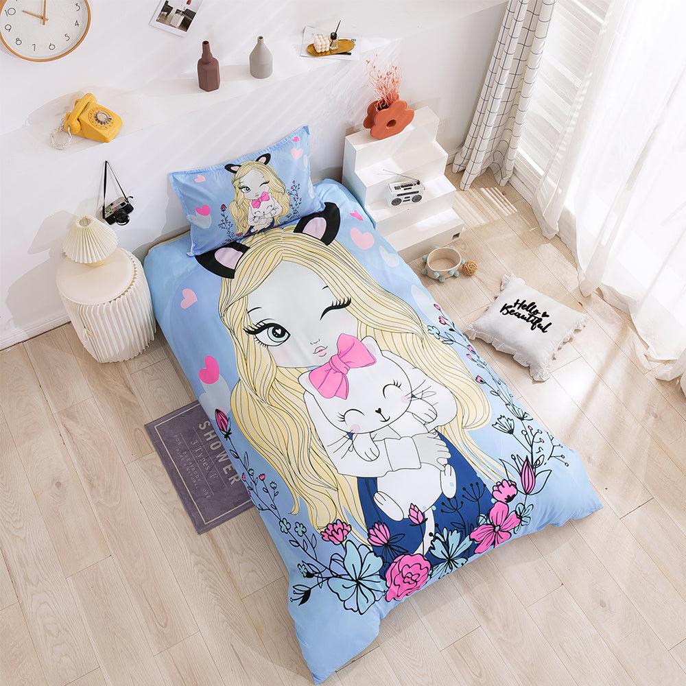 3D Cartoon Girl Cat Blue Quilt Cover Set Bedding Set Duvet Cover Pillowcases 89