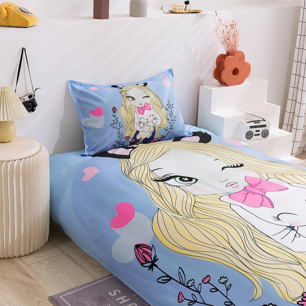 3D Cartoon Girl Cat Blue Quilt Cover Set Bedding Set Duvet Cover Pillowcases 89