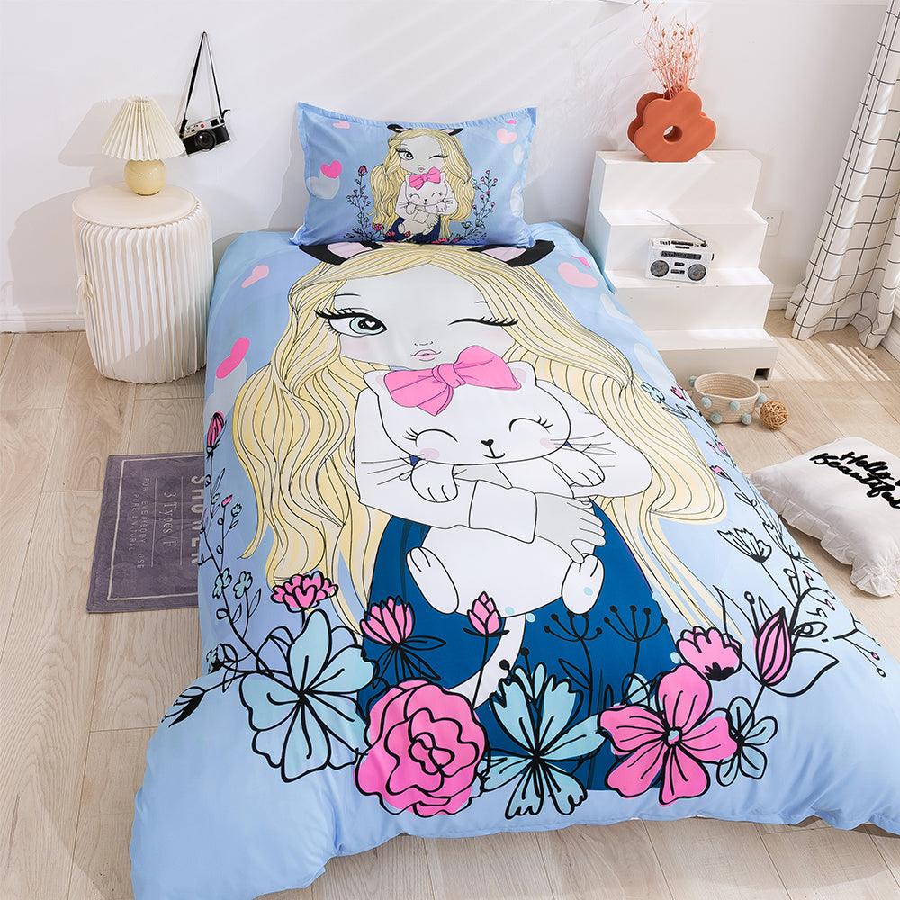 3D Cartoon Girl Cat Blue Quilt Cover Set Bedding Set Duvet Cover Pillowcases 89