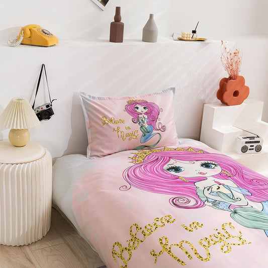 3D Cartoon Mermaid Pink Quilt Cover Set Bedding Set Duvet Cover Pillowcases 90