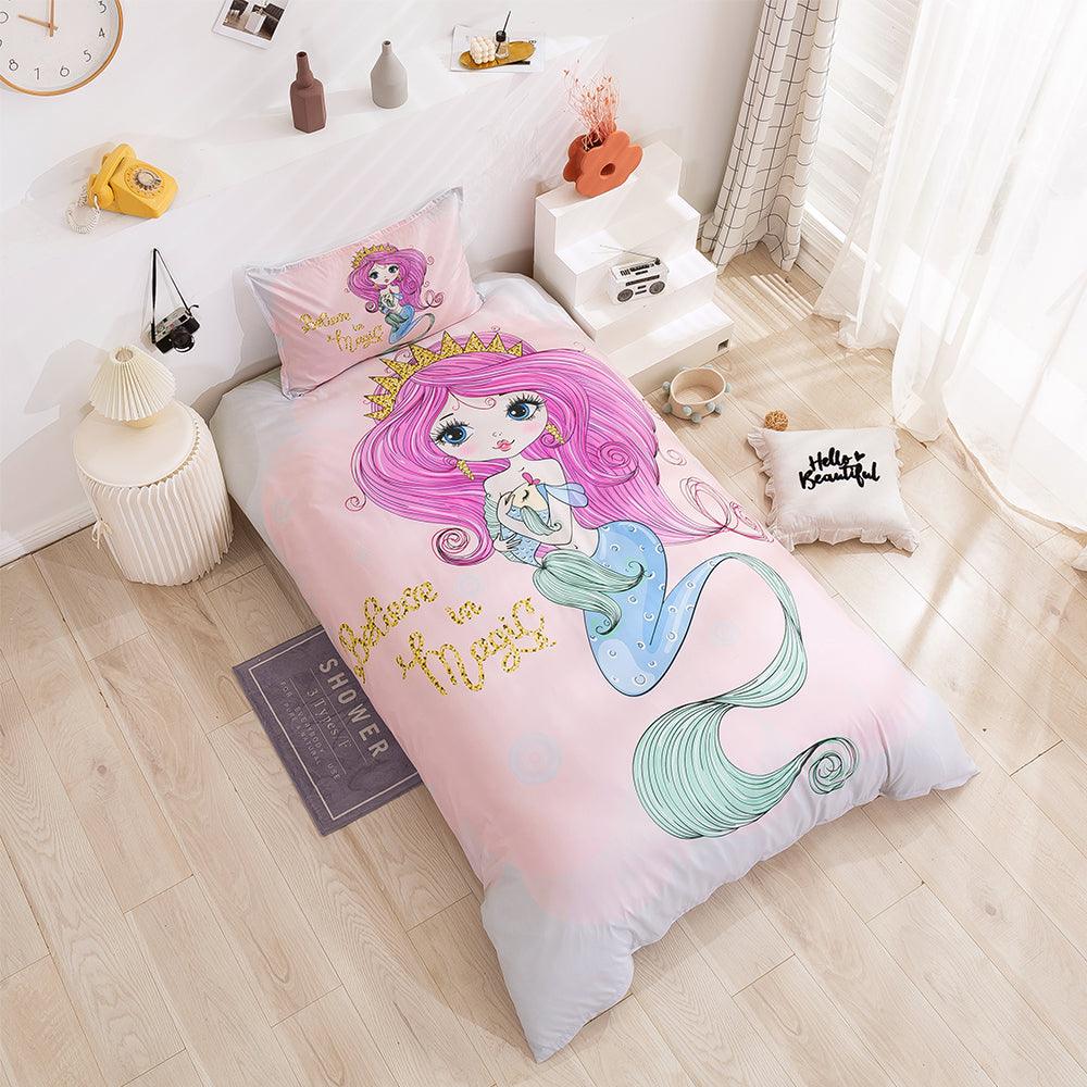 3D Cartoon Mermaid Pink Quilt Cover Set Bedding Set Duvet Cover Pillowcases 90