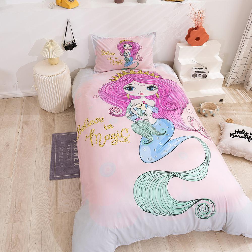 3D Cartoon Mermaid Pink Quilt Cover Set Bedding Set Duvet Cover Pillowcases 90
