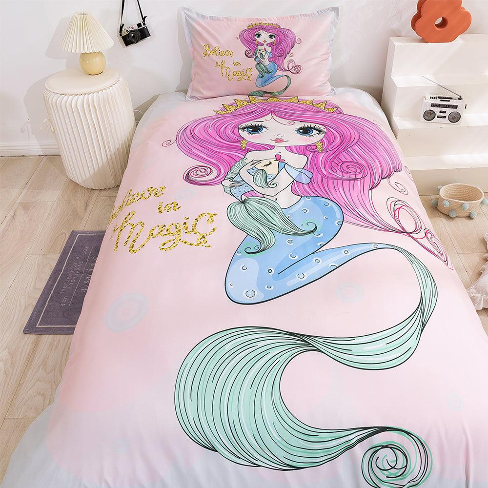 3D Cartoon Mermaid Pink Quilt Cover Set Bedding Set Duvet Cover Pillowcases 90