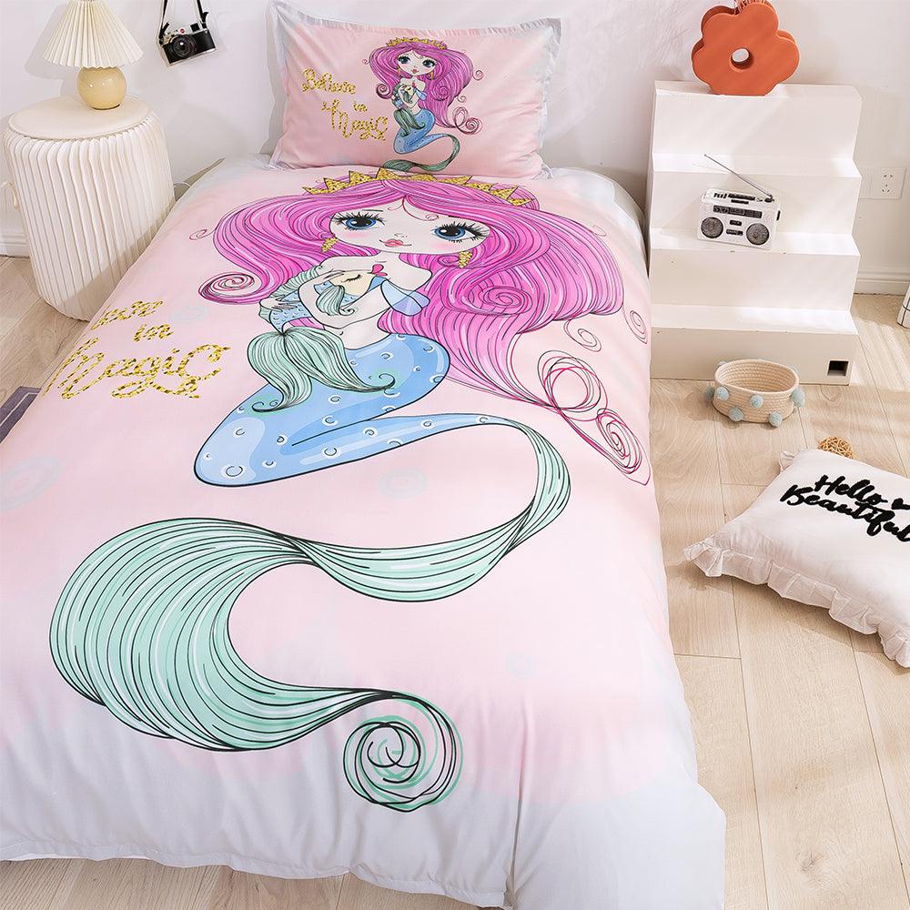 3D Cartoon Mermaid Pink Quilt Cover Set Bedding Set Duvet Cover Pillowcases 90
