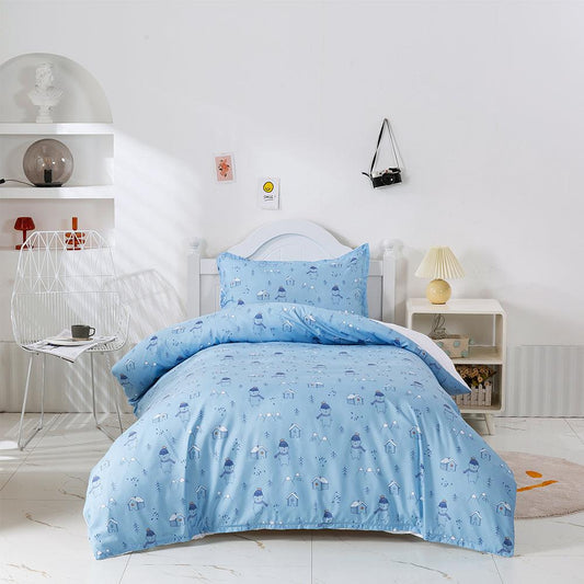 3D Cartoon Blue Forest Snow House Bear Quilt Cover Set Bedding Set Duvet Cover Pillowcases 476