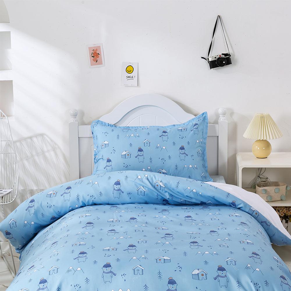 3D Cartoon Blue Forest Snow House Bear Quilt Cover Set Bedding Set Duvet Cover Pillowcases 476