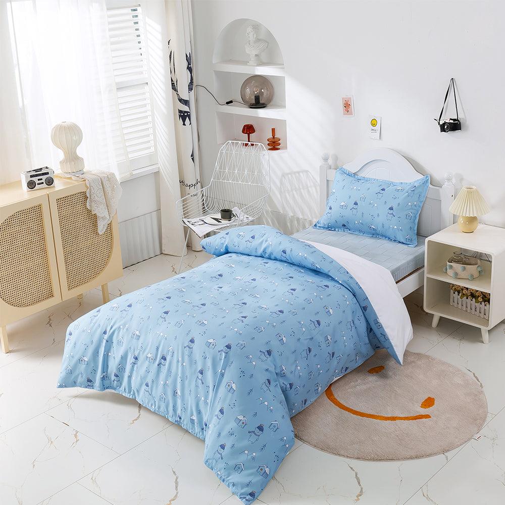 3D Cartoon Blue Forest Snow House Bear Quilt Cover Set Bedding Set Duvet Cover Pillowcases 476