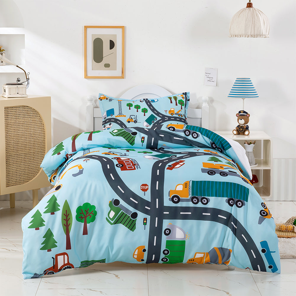 3D Cartoon Car Truck Tree Road Blue Quilt Cover Set Bedding Set Duvet Cover Pillowcases 370