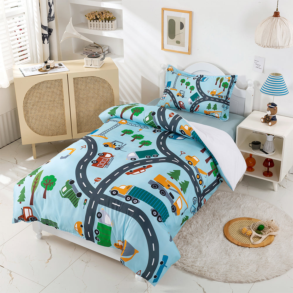 3D Cartoon Car Truck Tree Road Blue Quilt Cover Set Bedding Set Duvet Cover Pillowcases 370