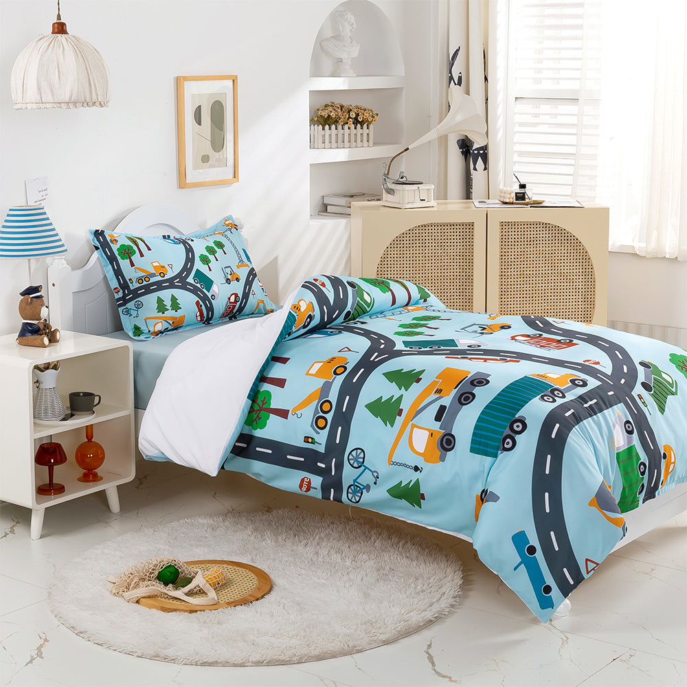3D Cartoon Car Truck Tree Road Blue Quilt Cover Set Bedding Set Duvet Cover Pillowcases 370