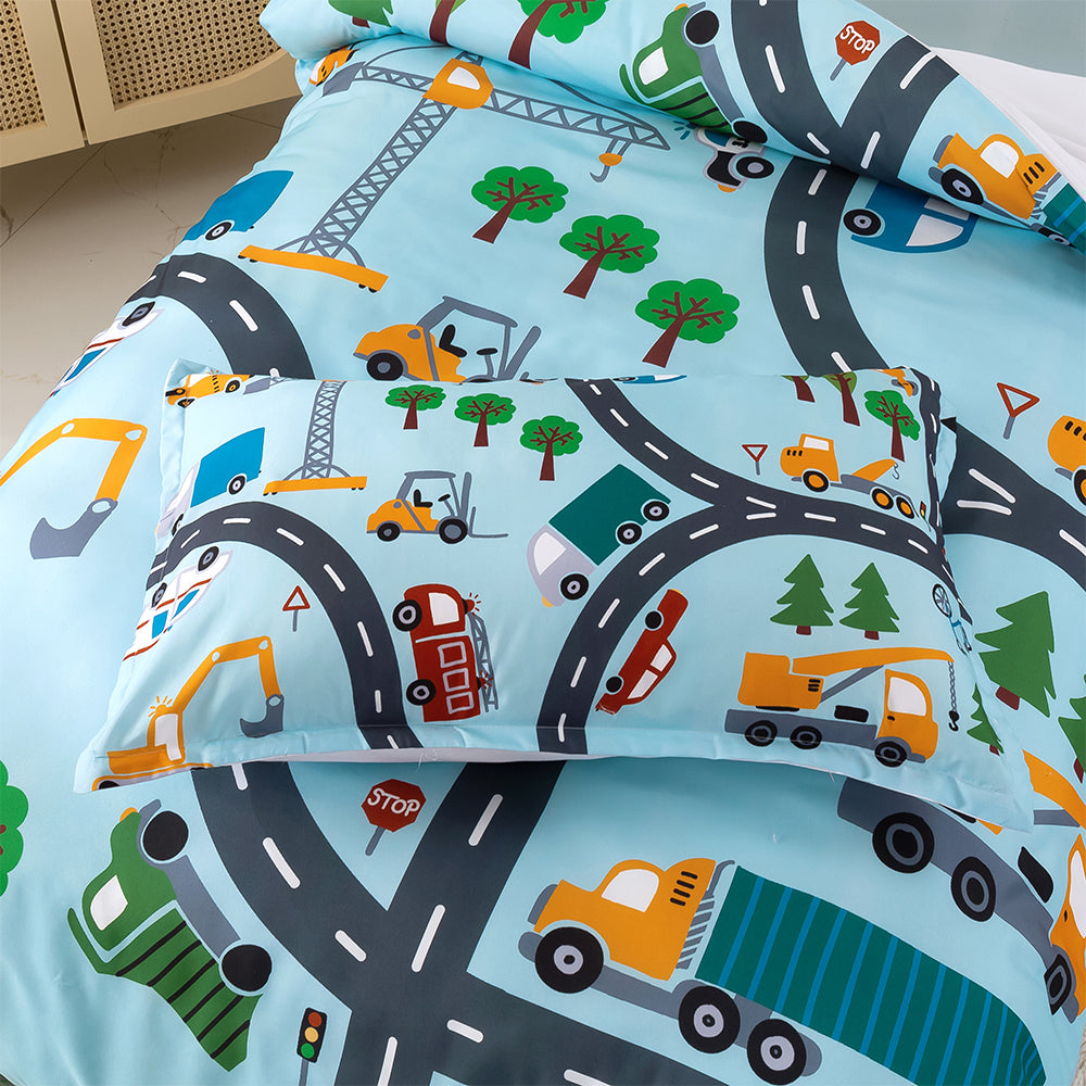 3D Cartoon Car Truck Tree Road Blue Quilt Cover Set Bedding Set Duvet Cover Pillowcases 370