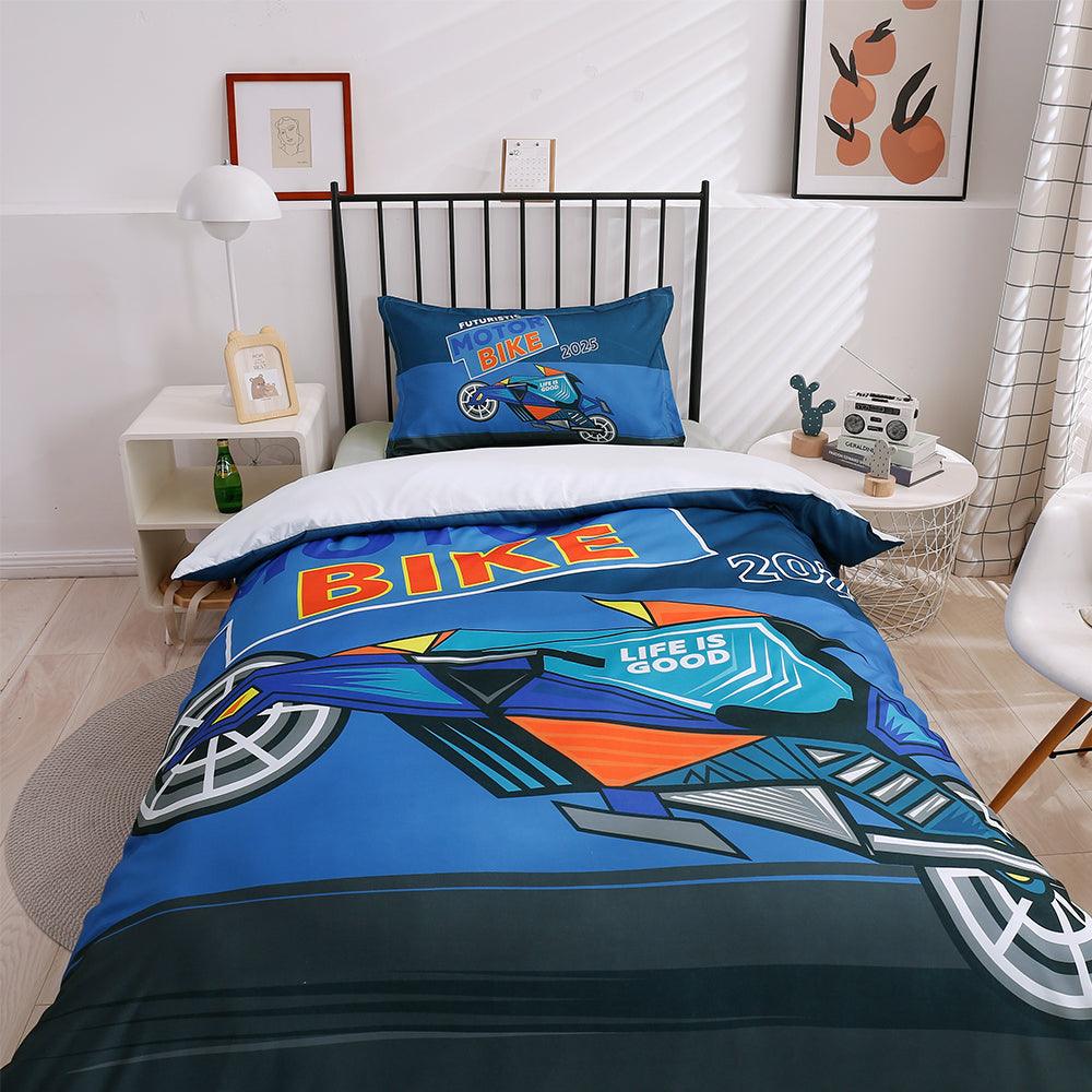3D Cartoon Blue Motorcycle Quilt Cover Set Bedding Set Duvet Cover Pillowcases 190