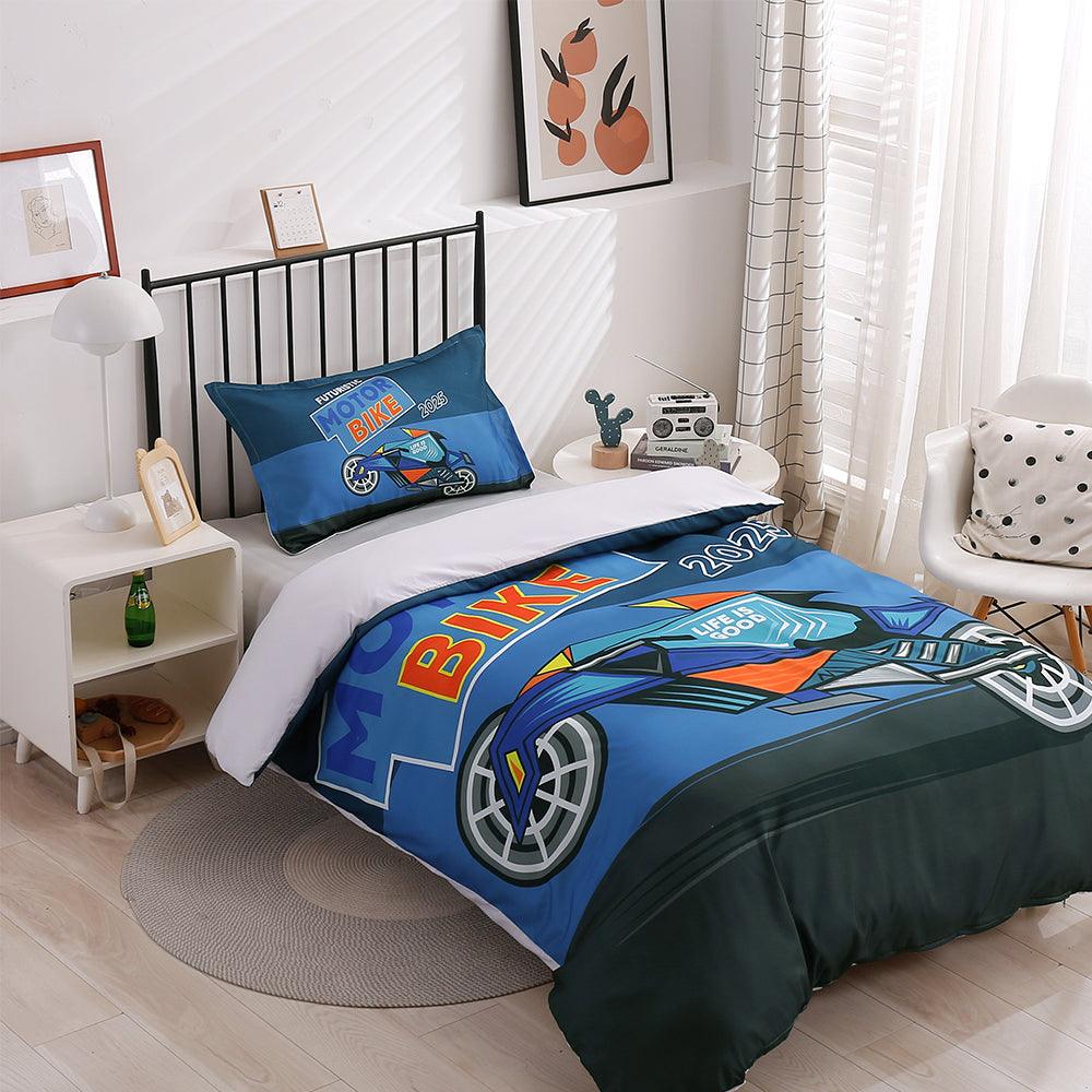3D Cartoon Blue Motorcycle Quilt Cover Set Bedding Set Duvet Cover Pillowcases 190