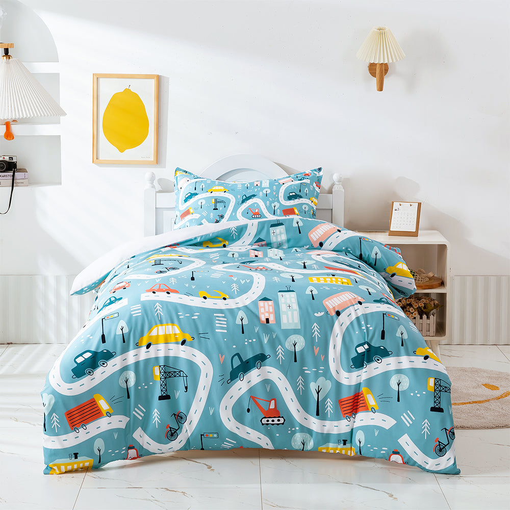 3D Blue Cartoon Car Road Quilt Cover Set Bedding Set Duvet Cover Pillowcases 454