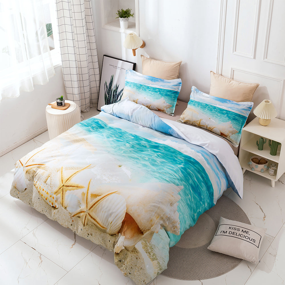3D Beach Conch Starfish Blue Sea Quilt Cover Set Bedding Set Duvet Cover Pillowcase 24