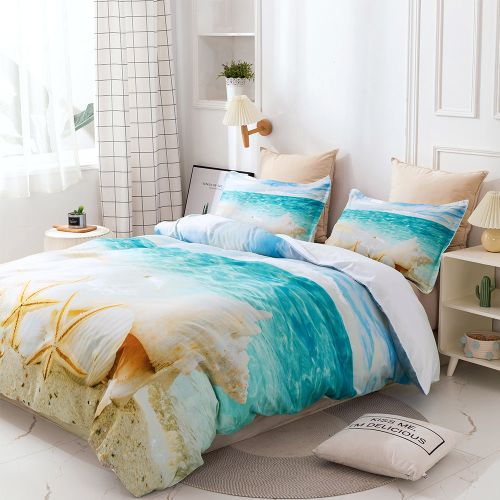 3D Beach Conch Starfish Blue Sea Quilt Cover Set Bedding Set Duvet Cover Pillowcase 24