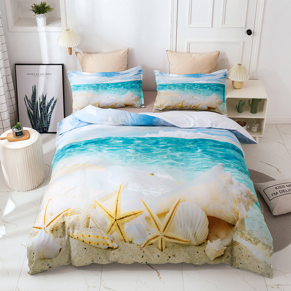 3D Beach Conch Starfish Blue Sea Quilt Cover Set Bedding Set Duvet Cover Pillowcase 24