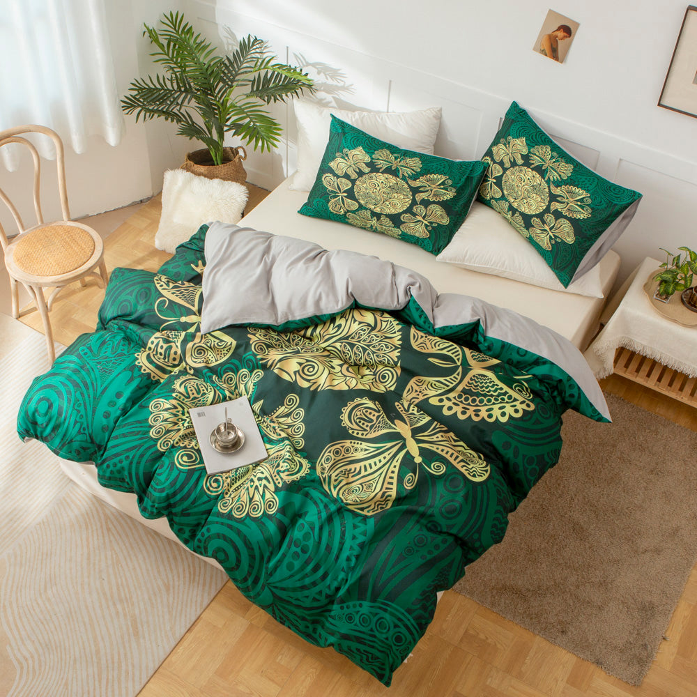 3D Butterfly Floral Green Gold Quilt Cover Set Bedding Set Duvet Cover Pillowcases 547