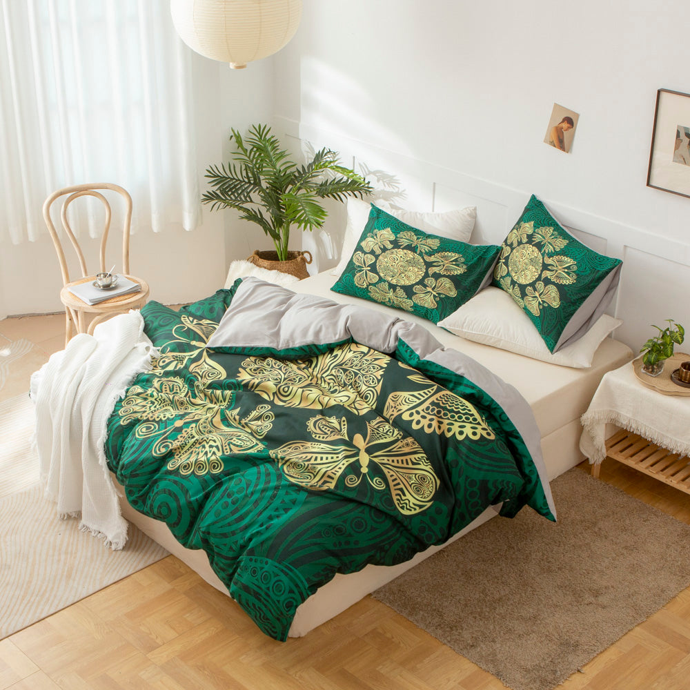3D Butterfly Floral Green Gold Quilt Cover Set Bedding Set Duvet Cover Pillowcases 547