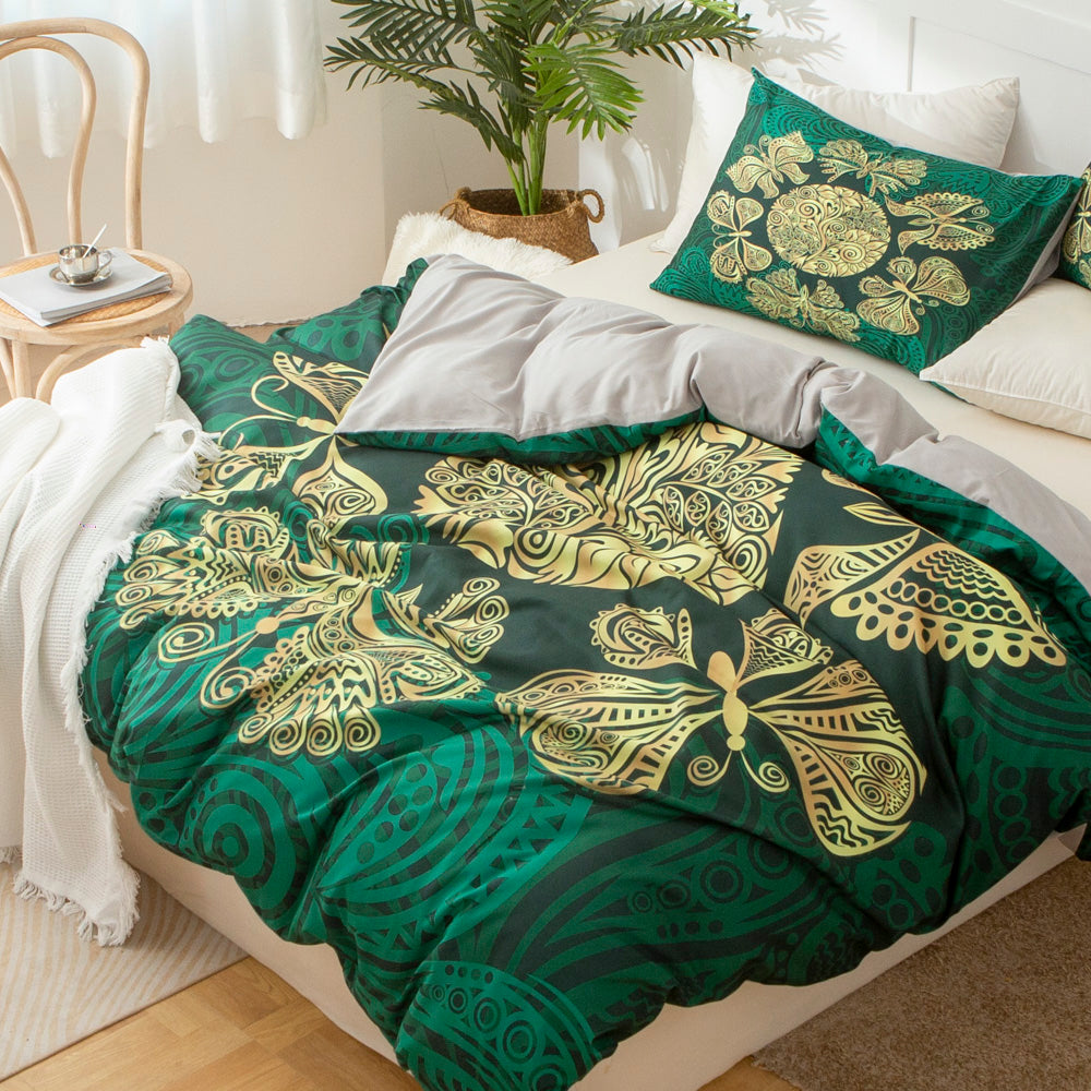 3D Butterfly Floral Green Gold Quilt Cover Set Bedding Set Duvet Cover Pillowcases 547
