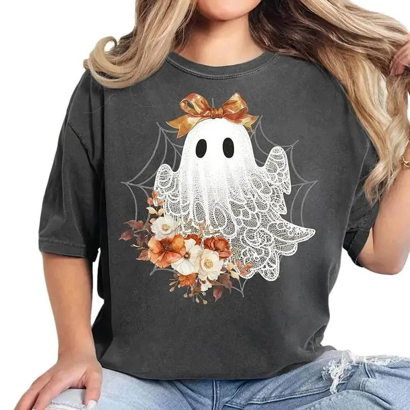 Halloween Lace Ghost Tshirt, Cut Floral Ghost Sweater, Spooky Fall Floral Shirts, Coquette Bow Girl Halloween T-Shirt, Lacey Ghost Tee