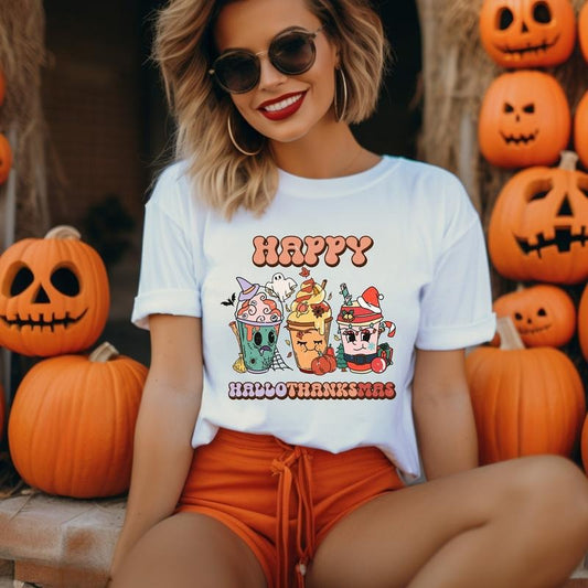 Happy Hallothanksmas Shirt - Unisex Cotton T-shirt for Halloween, Thanksgiving, Christmas, and Autumn - Crewneck