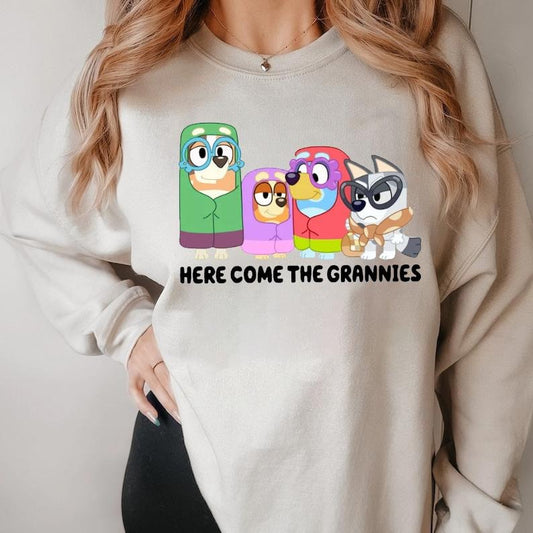 Here Come The Grannies Crewneck SweatShirt | Bluey Bandit Heeler Chilli Heeler Shirt | Bluey Bingo Shirt Blue Dog Family Birthday Shirt