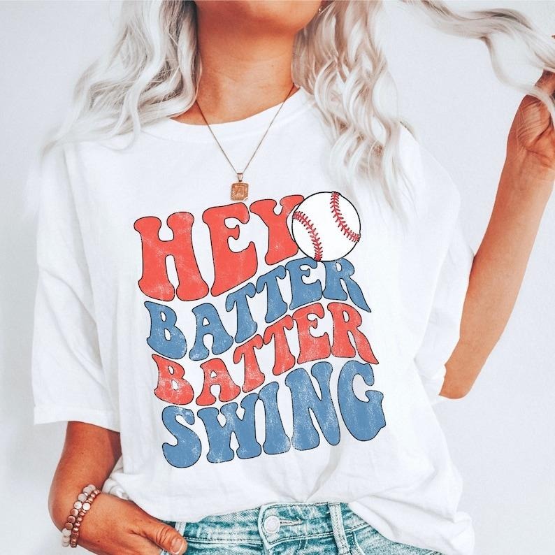 Hey Batter Batter Swing Tshirt, Baseball Mom Shirt, Baseball Game Tee, Ballpark Shirt,Gift, Basseball Season Tee, Oversized T-Shirt Top Womenswear