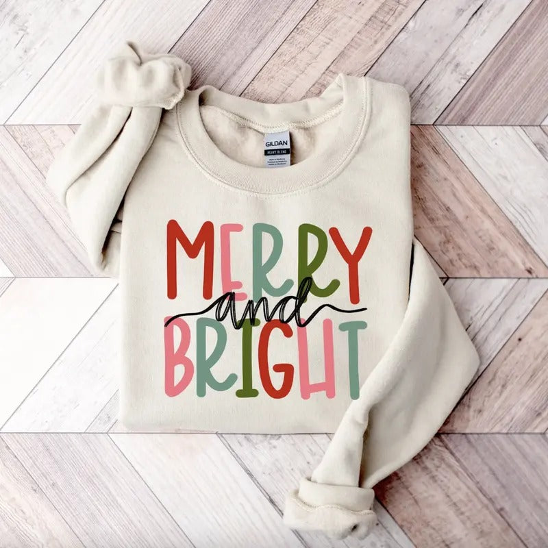 Merry Christmas and Bright Shirt/Sweatshirt/Hoodie, Retro Crewneck, Gift For Xmas, Cotton, Womenswear Tops