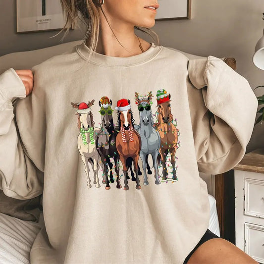 Horses Christmas Sweater, Funny Horse Christmas Sweater, Horse Lover Animal Christmas Shirt, Christmas Animals Shirt, Horses In A Row Tee, Cotton Crewneck