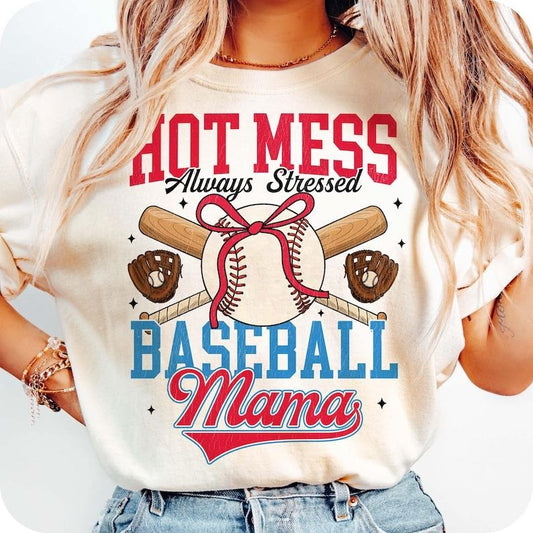 Hot Mess Always Stressed Baseball Mama Tshirt, Sports Mom, Baseball Mom, Game Day, Baseball Coquette, Retro Baseball Tshirt