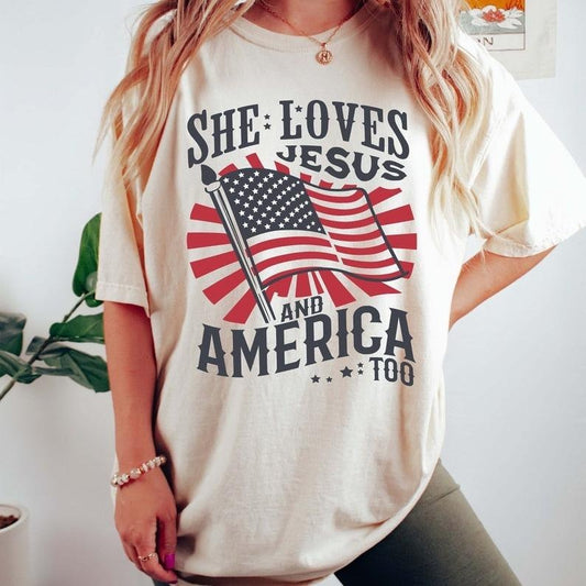 Independence Day Tshirt, Christian Tee, 4th of July Shirt, She Loves Jesus And America Too T-Shirt, America Retro Shirt, USA Flag