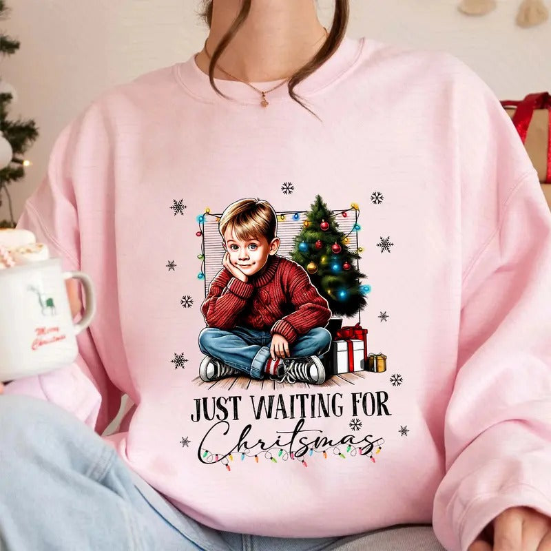 Just Waiting For Christmas Shirt, Merry Christmas Sweatshirt, Christmas Movies, Santa Claus Tshirt, Merry Xmas, Retro Holiday, University Christmas