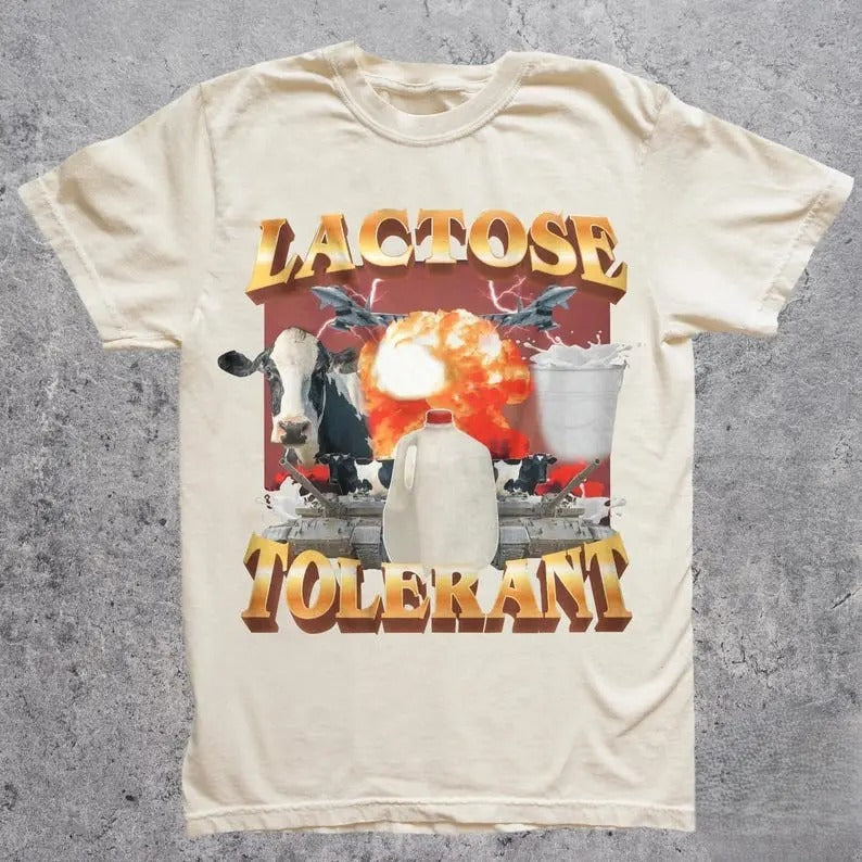 Lactosse Tolerant Vintage Graphic T-Shirt, Retro Milk 90s Funny Shirt, Funny Shirts For Friends, Y2k Unisex Baggy Top Streetwear Tshirt Casual
