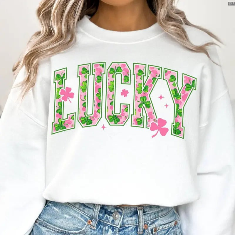 Lucky St Patrick's Day Sweatshirt, St Patricks day, Pink Shamrock, Retro Crewneck, Gift For Lovers,, Trendy Top