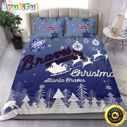 MLB Atlanta Braves Bedding Sets Santa Claus Sleigh And Reindeer Christmas Bedding Sets Quilt Bedding Sets