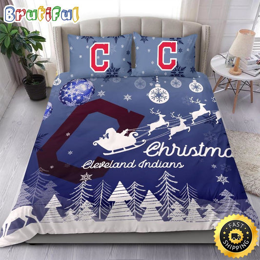 MLB Cleveland Indians Bedding Sets Santa Claus Sleigh And Reindeer Christmas Bedding Sets Quilt Bedding Sets