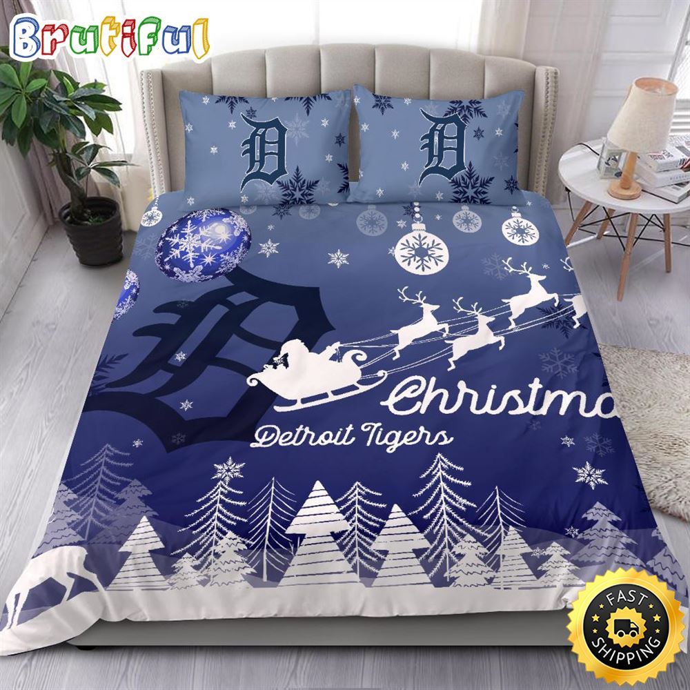 MLB Detroit Tigers Bedding Sets Santa Claus Sleigh And Reindeer Christmas Bedding Sets Quilt Bedding Sets
