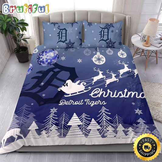 MLB Detroit Tigers Bedding Sets Santa Claus Sleigh And Reindeer Christmas Bedding Sets Quilt Bedding Sets