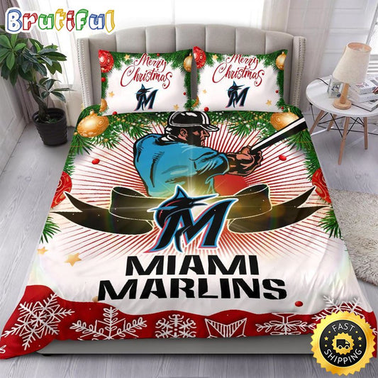 MLB Miami Marlins Bedding Sets Merry Christmas Quilt Bedding Sets