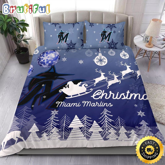 MLB Miami Marlins Bedding Sets Santa Claus Sleigh And Reindeer Christmas Bedding Sets Quilt Bedding Sets