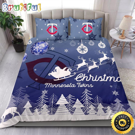 MLB Minnesota Twins Bedding Sets Santa Claus Sleigh And Reindeer Christmas Bedding Sets Quilt Bedding Sets