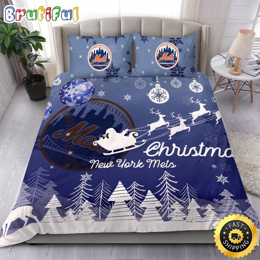 MLB New York Mets Bedding Sets Santa Claus Sleigh And Reindeer Christmas Bedding Sets Quilt Bedding Sets