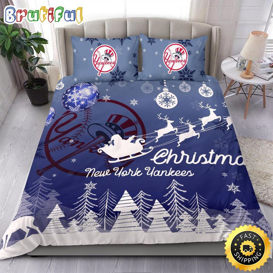 MLB New York Yankees Bedding Sets Santa Claus Sleigh And Reindeer Christmas Bedding Sets Quilt Bedding Sets