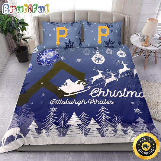 MLB Pittsburgh Pirates Bedding Sets Santa Claus Sleigh And Reindeer Christmas Bedding Sets Quilt Bedding Sets