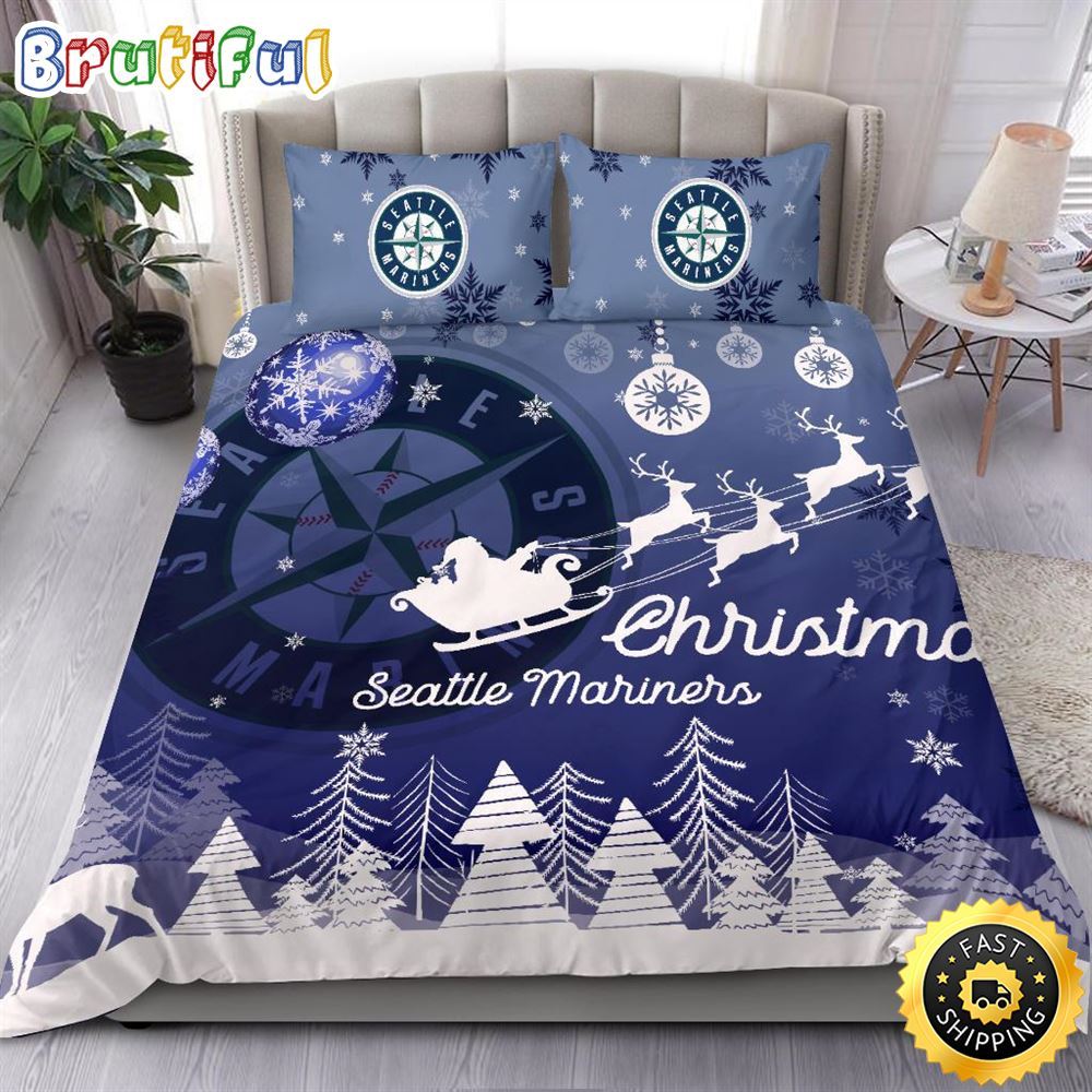 MLB Seattle Mariners Bedding Sets Santa Claus Sleigh And Reindeer Christmas Bedding Sets Quilt Bedding Sets