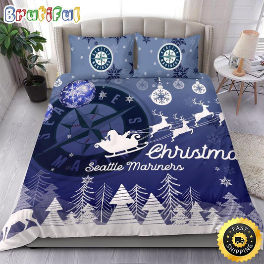 MLB Seattle Mariners Bedding Sets Santa Claus Sleigh And Reindeer Christmas Bedding Sets Quilt Bedding Sets