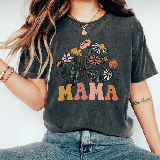 Mama Shirt, Wildflowers Mama Shirt,  Retro Mom TShirt, Mother's Day Gift, Flower Shirts for Women, Floral New Mom Gift Top Womenswear